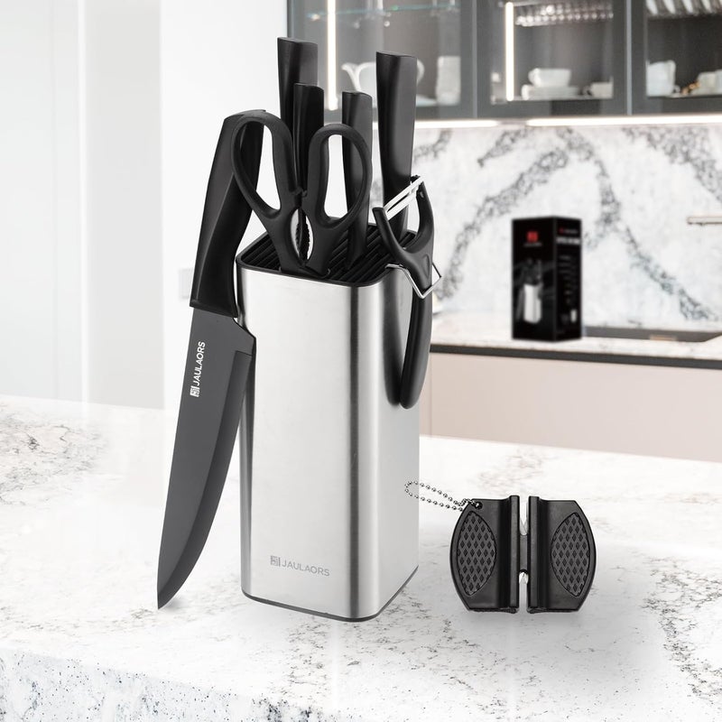 Jaulaors Knife set, 9 Pieces Knives Set for Kitchen with Block and Sharpener, Stainless Steel Dishwasher Safe Knives Set for Kitchen Home Use, Black - Image 5